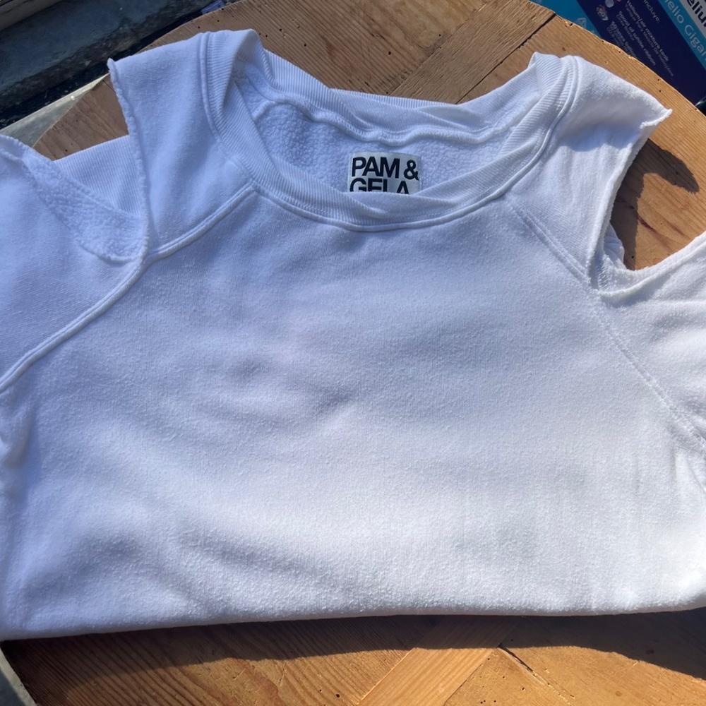 Pam and Gela -Cold Shoulders Cut Out Short Sleeve Sweat Shirt /Tee- White - Picture 2 of 13